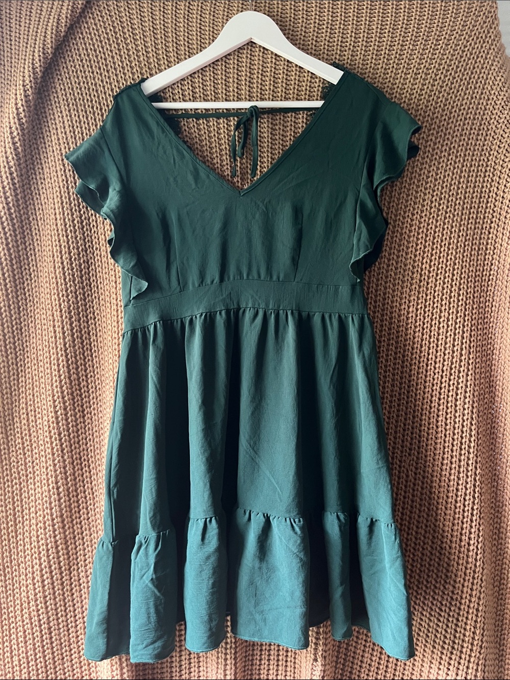 SHEIN Teal V-Neck Lace Trim Top